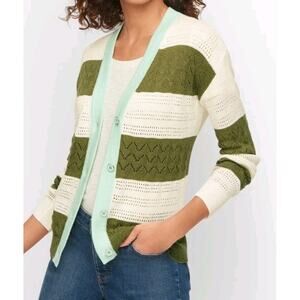 NEW Talbots Tipped Pointelle Cardigan Sweater Sz L Green Lightweight Long Sleeve